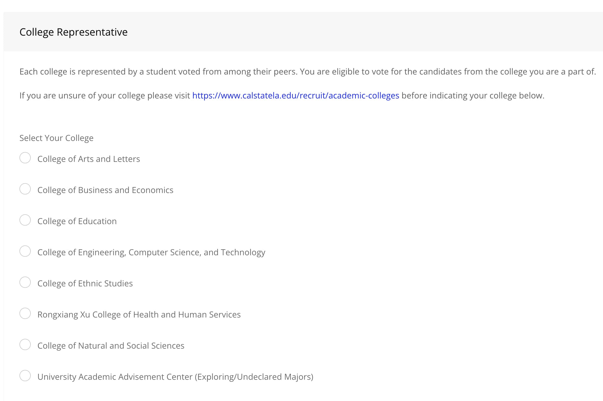 Radio button of colleges.