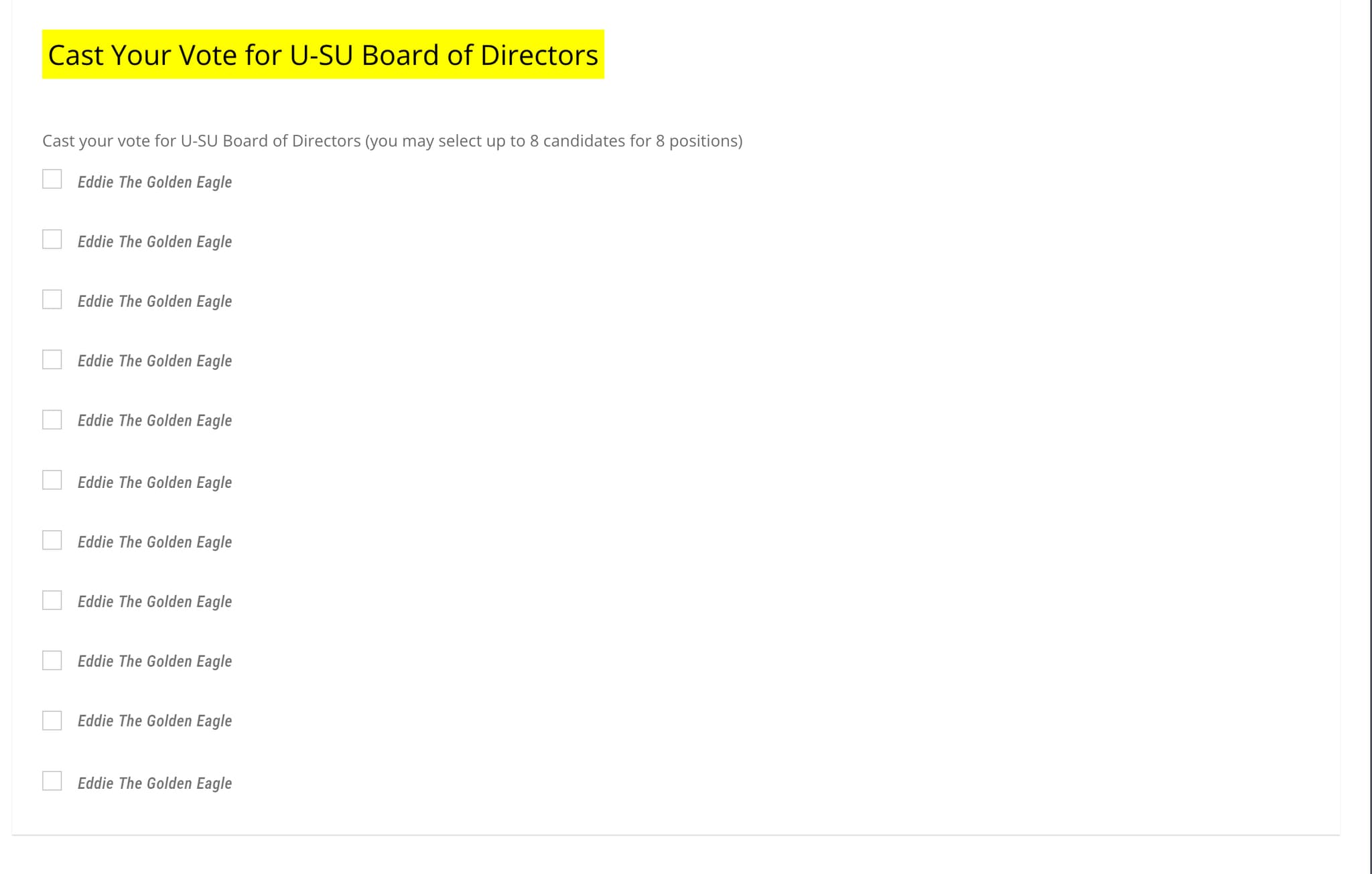 checkbox input. Select up to 8 candidates for the U-SU Board of Directors.